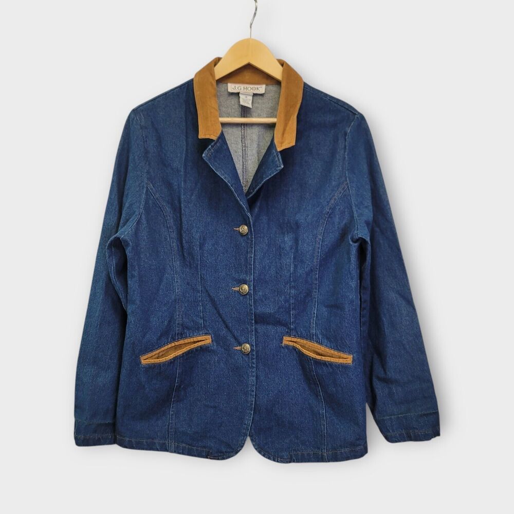 J.G.‎ Hook Denim Jean Jacket Womens Size 14 Blue Dark Wash Tan Corduroy Collar